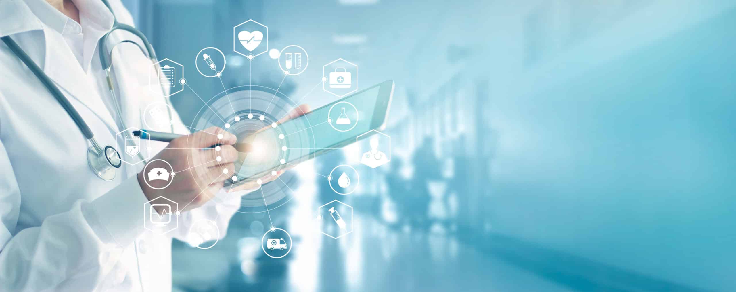 medicine,doctor,and,stethoscope,touching,icon,medical,network,connection,with